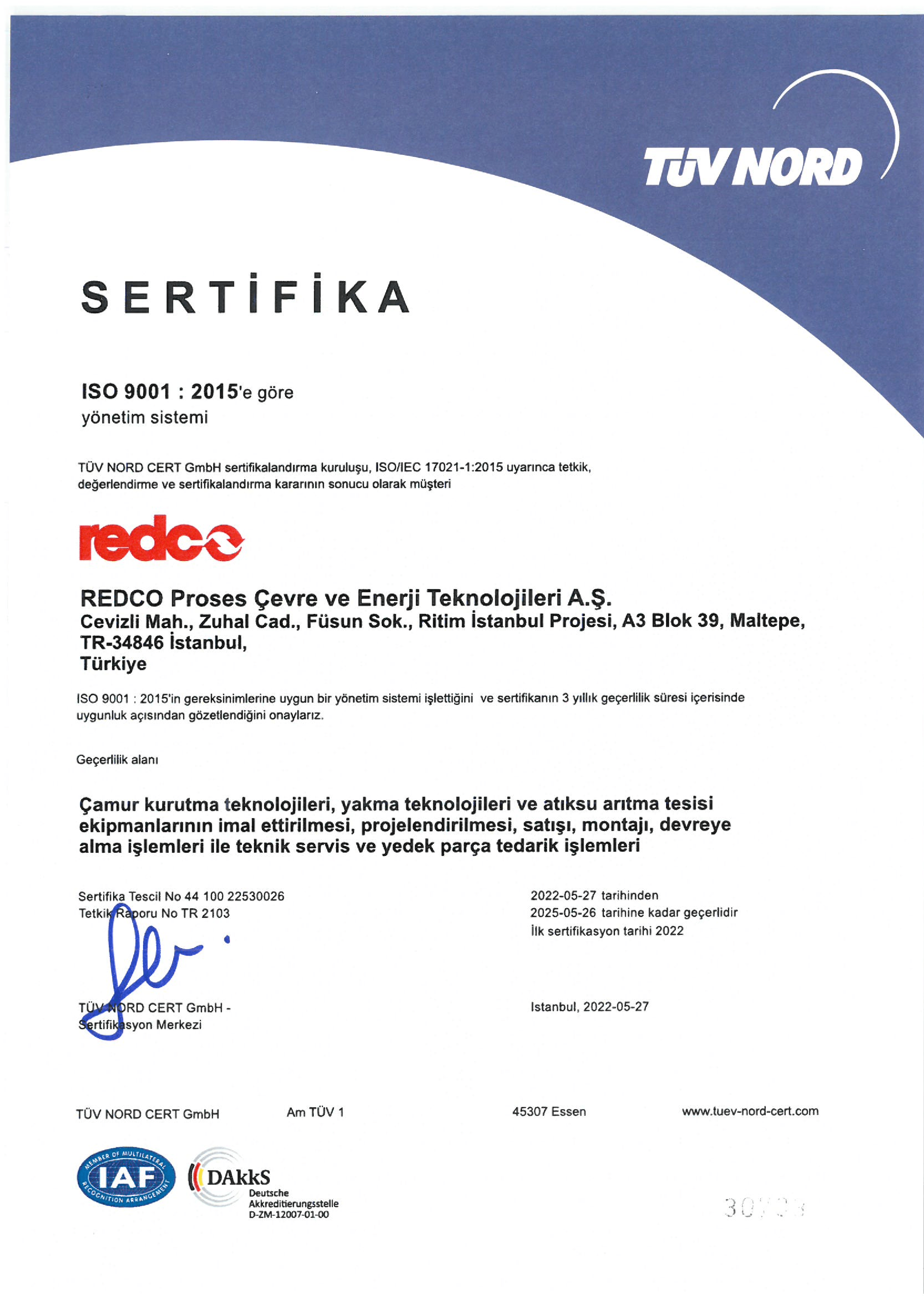 ISO 9001:2015 Kalite Sertifikamız